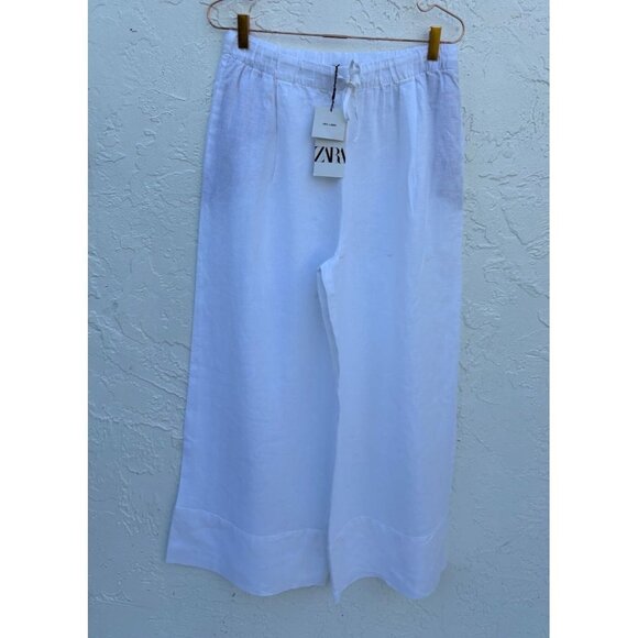 Zara Womens Pull On Elastic Waist Drawstring Linen Trouser Pants White Sz L - Picture 3 of 12